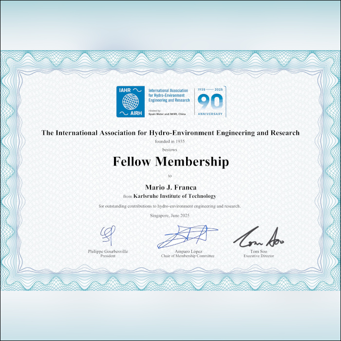 We are pleased to announce that Mario Franca has been appointed Fellow of the International Association for Hydro-Environment Engineering and Research (IAHR, https://www.iahr.org/) by the IAHR Council. The IAHR Fellow Membership aims to recognize members